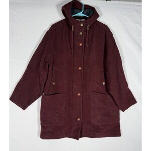 EUC LL Bean Wool Blend Coat Women's Medium Pockets Hooded Burgundy USA VTG 90s